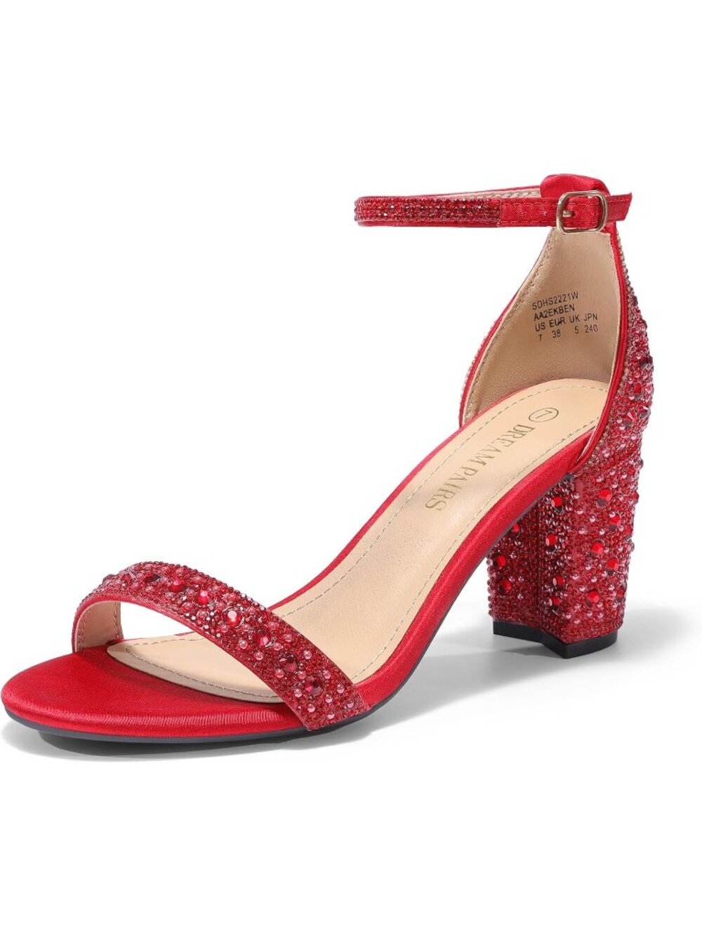 Women's Red Rhinestone Open Toe Ankle Strap Formal Chunky Block Heel Sandals